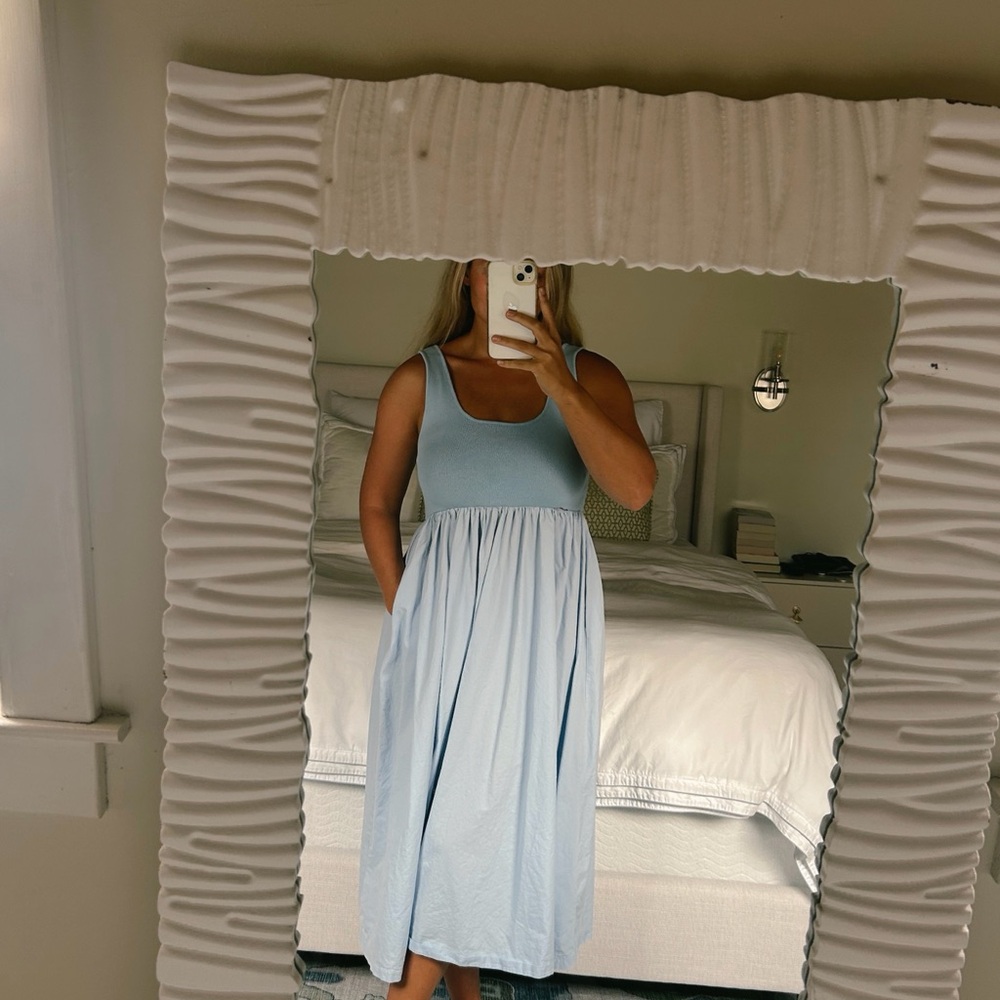 DUSTY BLUE MIXED MEDIA MIDI DRESS